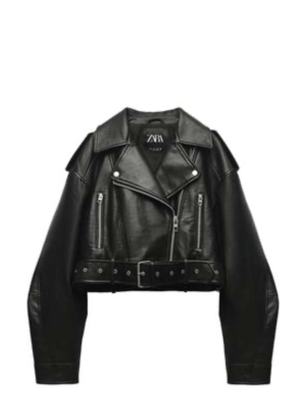 ZARA Black Cropped Faux Leather Biker Jacket with Belt